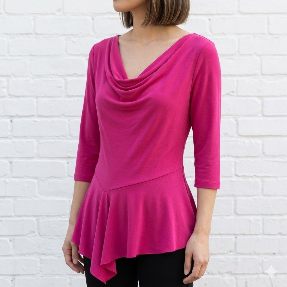Vivian Wong Peplum Top Womens‎ Small Pink Cowl Neck 3/4 Sleeve Asymmetric Hem